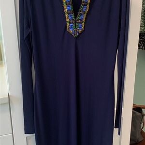 Elegant Navy Blue Dress with Embellished Neckline